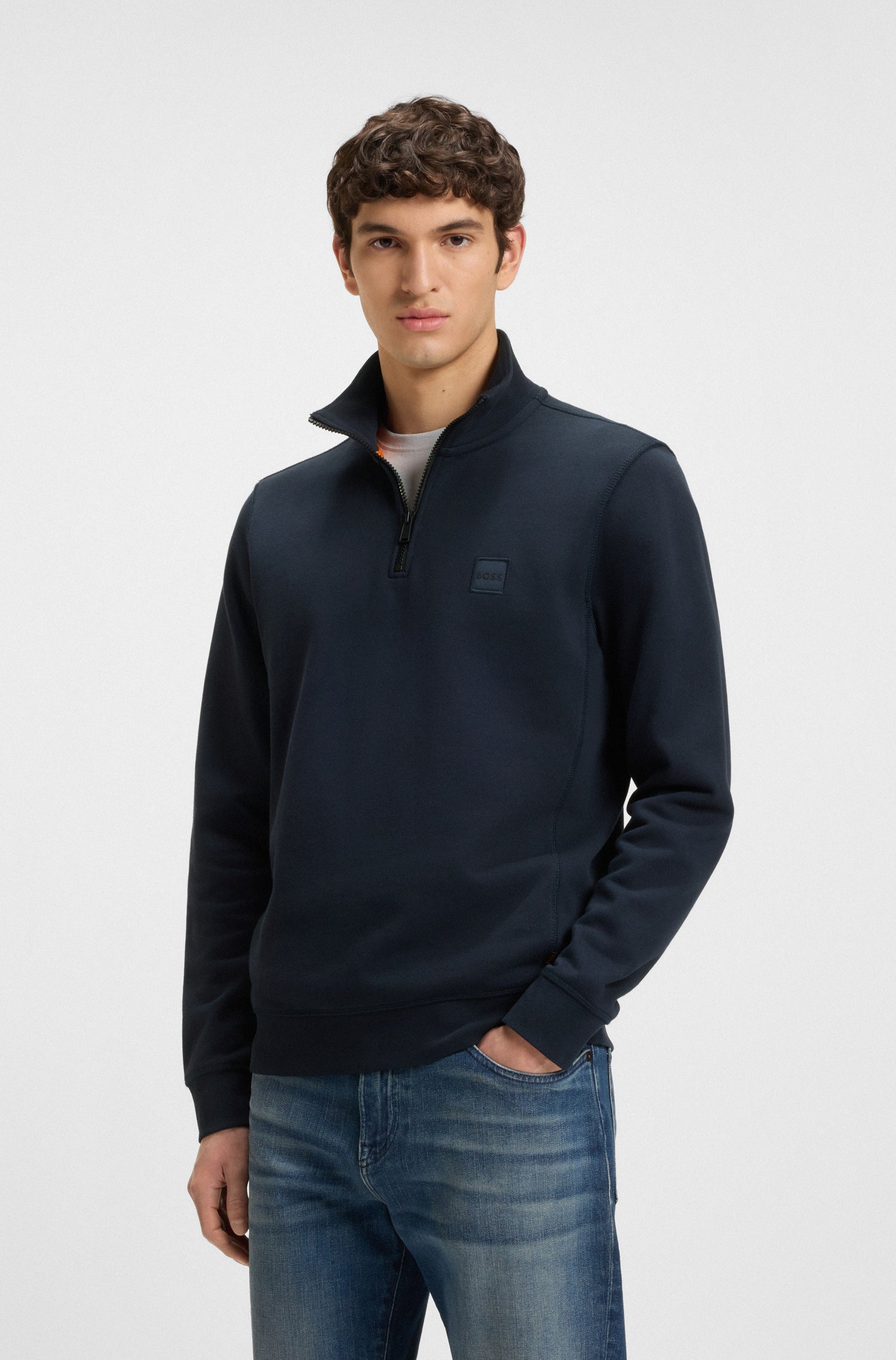 BOSS Zip Neck Jersey In Cotton Terry With Logo Patch