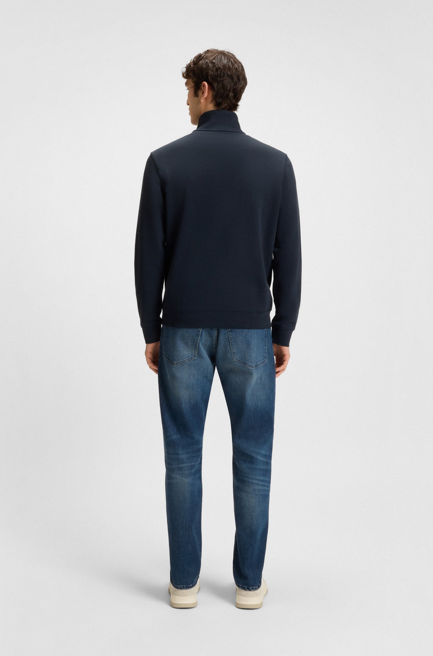 BOSS Zip Neck Jersey In Cotton Terry With Logo Patch