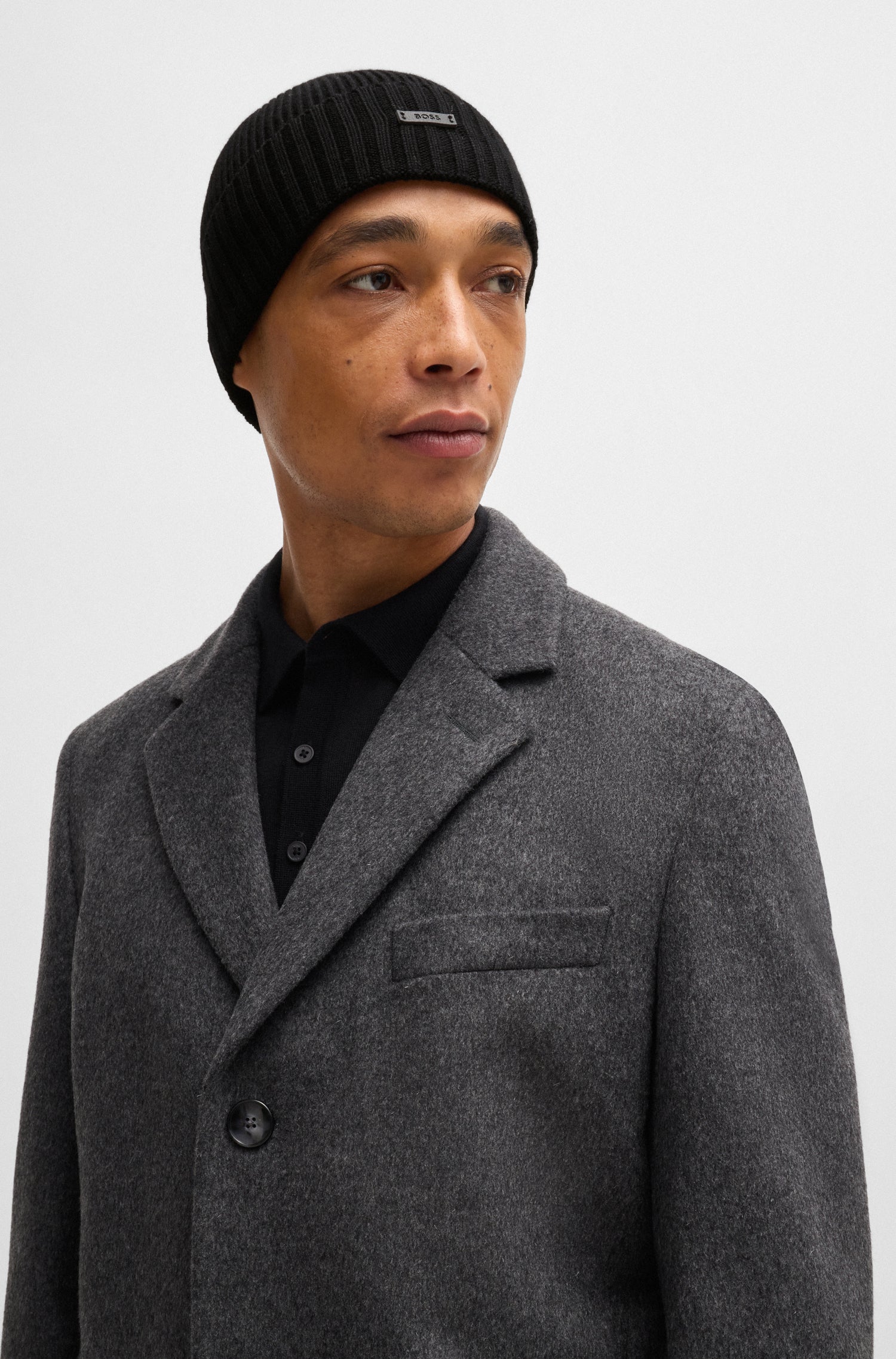 BOSS Ribbed Beanie Hat Pure Virgin Wool