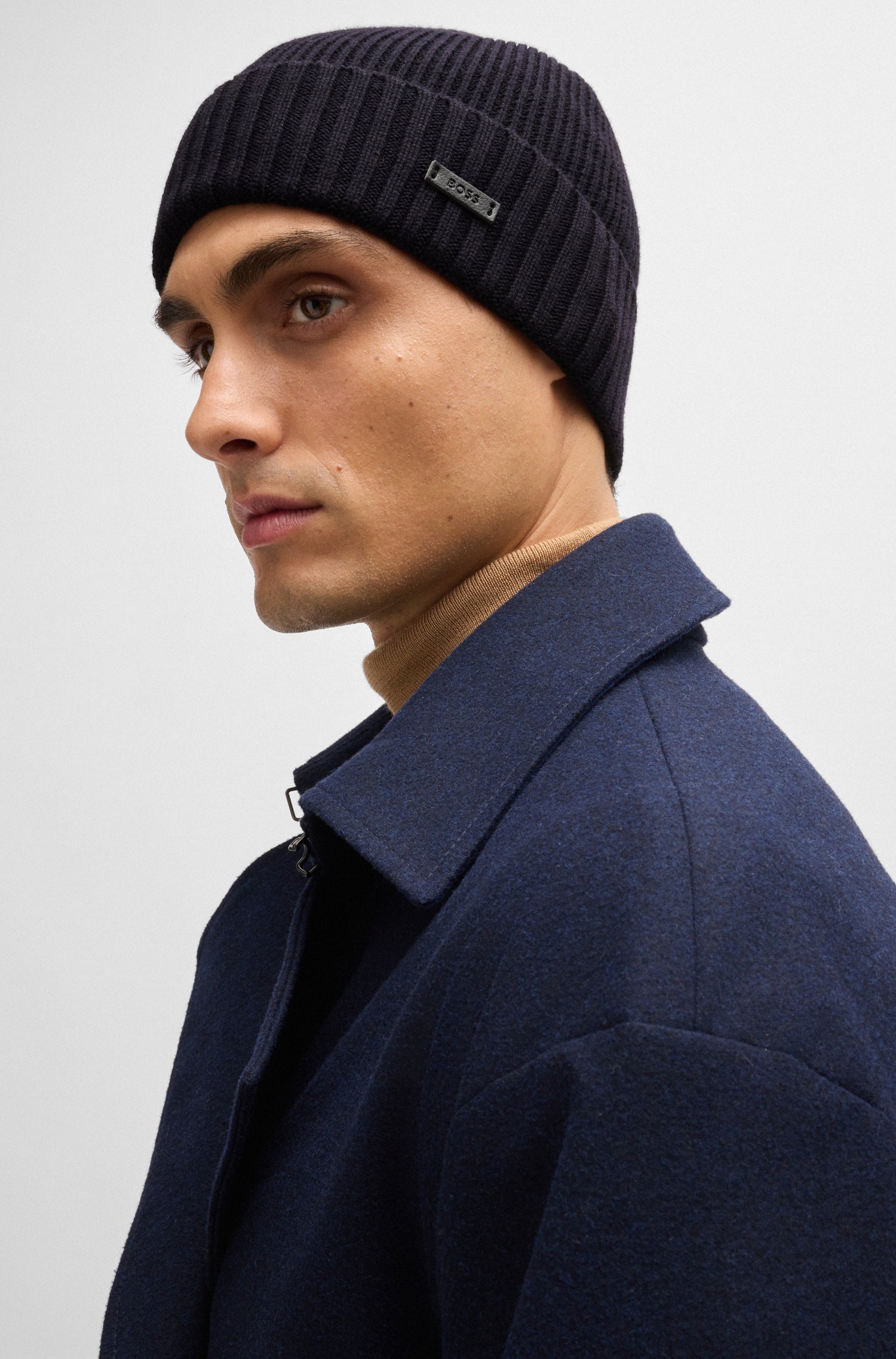BOSS Ribbed Beanie Hat Pure Virgin Wool