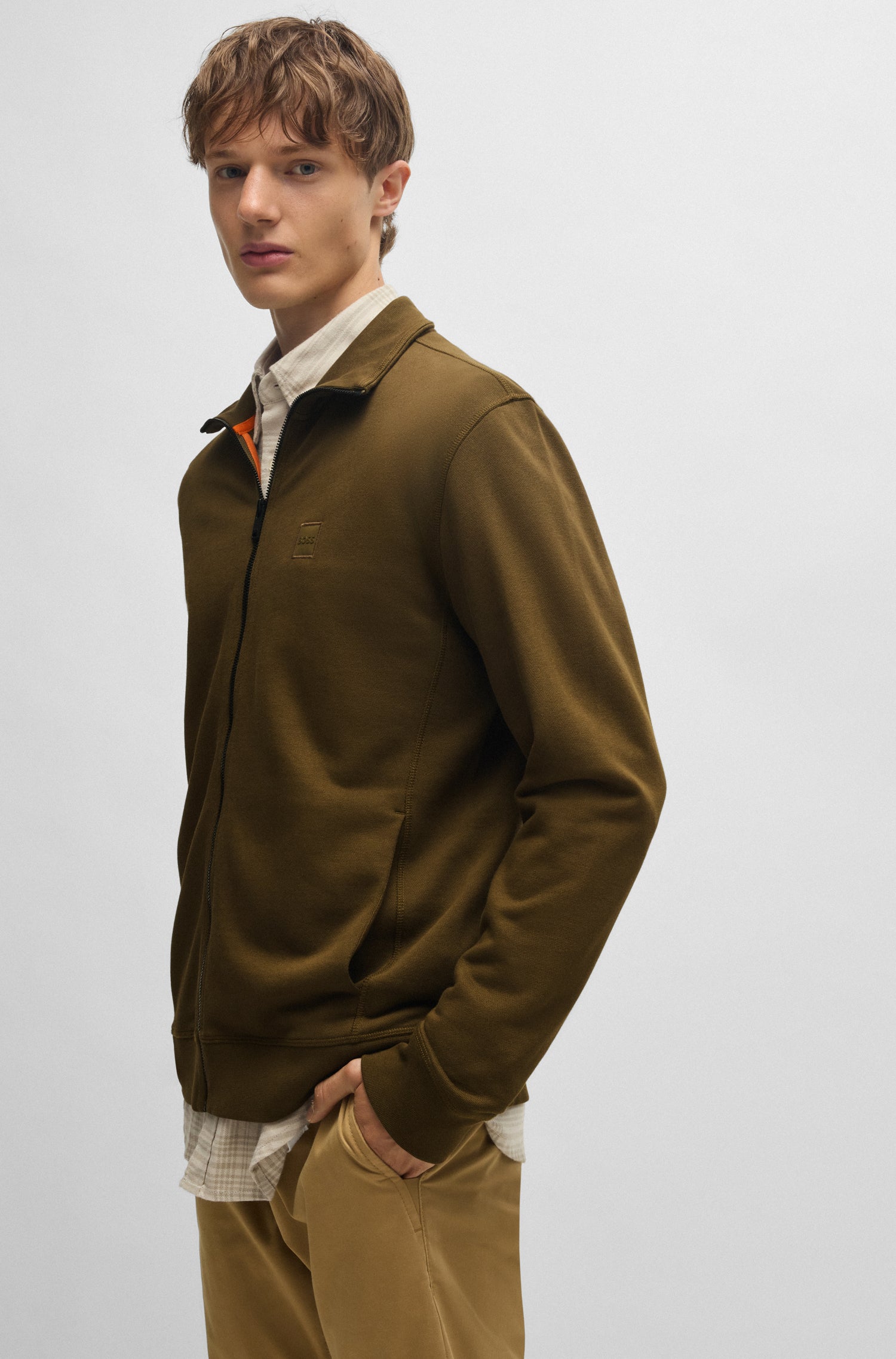 BOSS Zip Up Jersey In Cotton Terry With Logo Badge