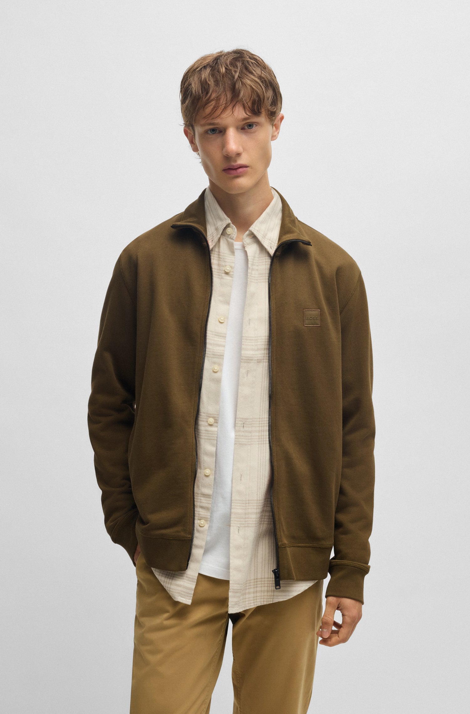 BOSS Zip Up Jersey In Cotton Terry With Logo Badge