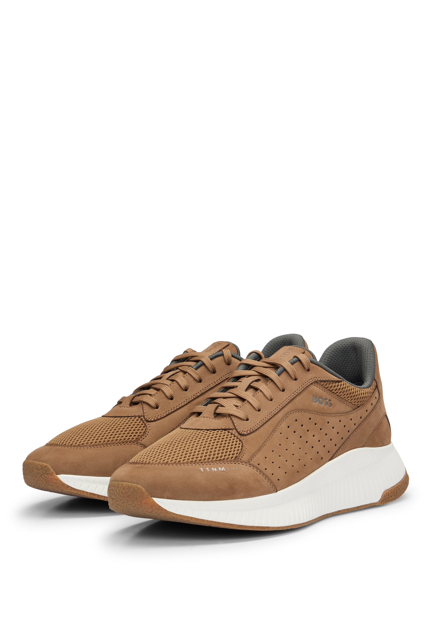 BOSS Leather Lace-Up Trainers With Mesh Trims