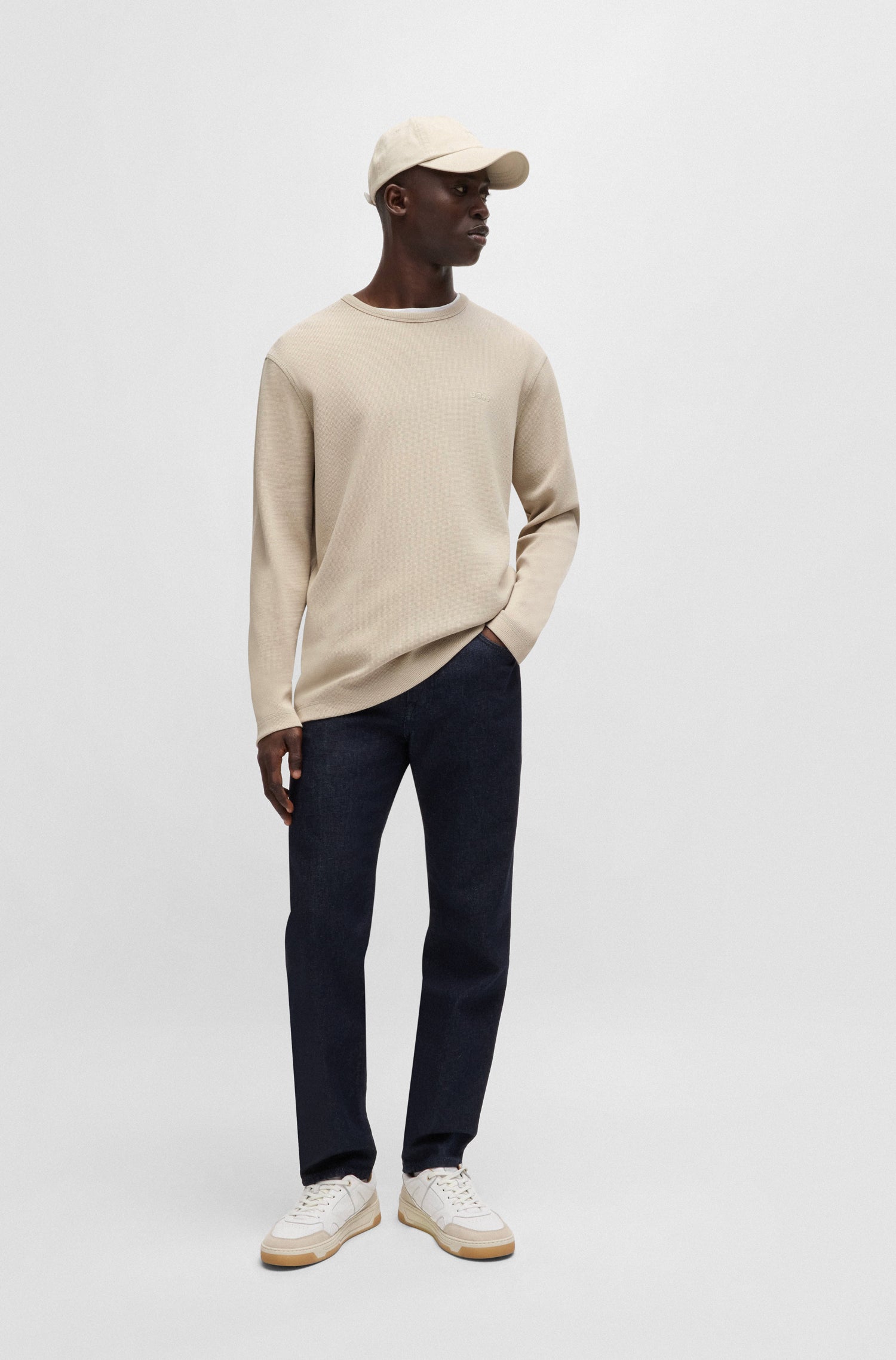 BOSS Long Sleeve T-Shirt Waffle Cotton Stretch