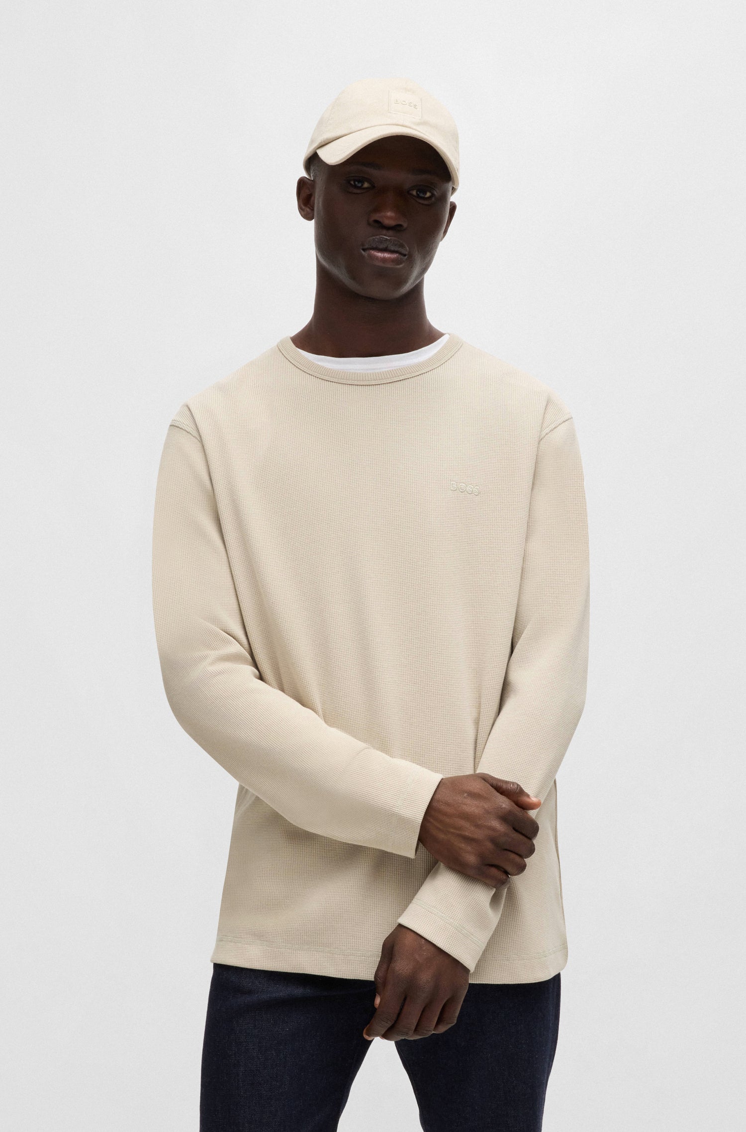BOSS Long Sleeve T-Shirt Waffle Cotton Stretch