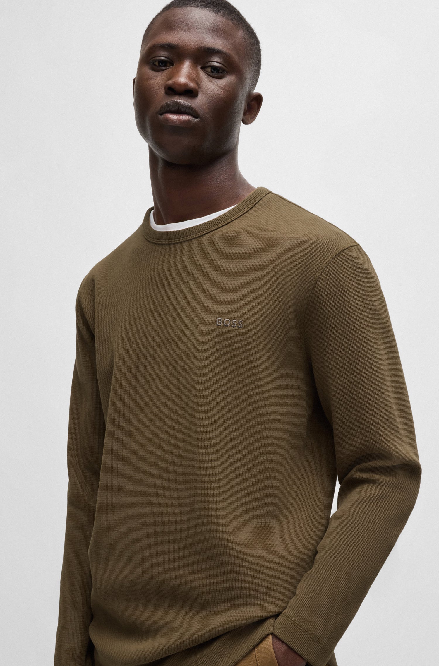 BOSS Long Sleeve T-Shirt Waffle Cotton Stretch