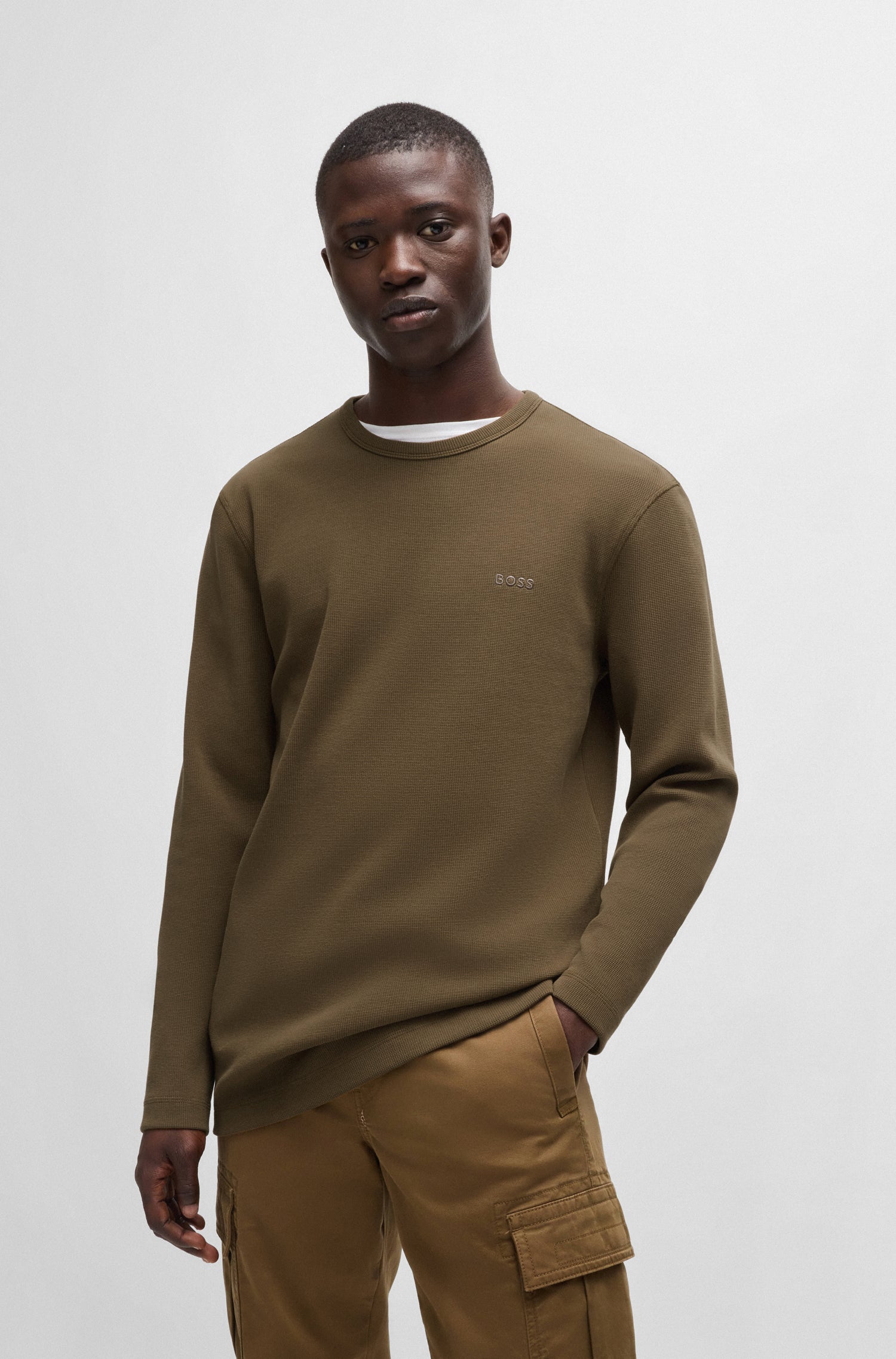 BOSS Long Sleeve T-Shirt Waffle Cotton Stretch