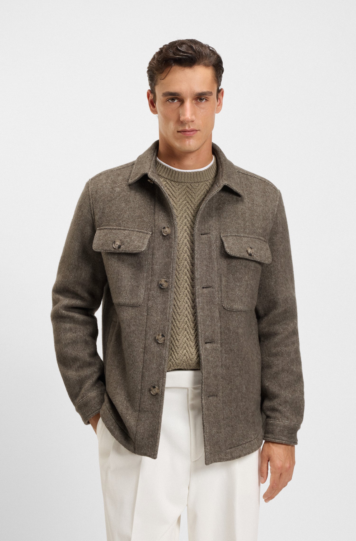 BOSS Button Front Jacket Wool Herringbone