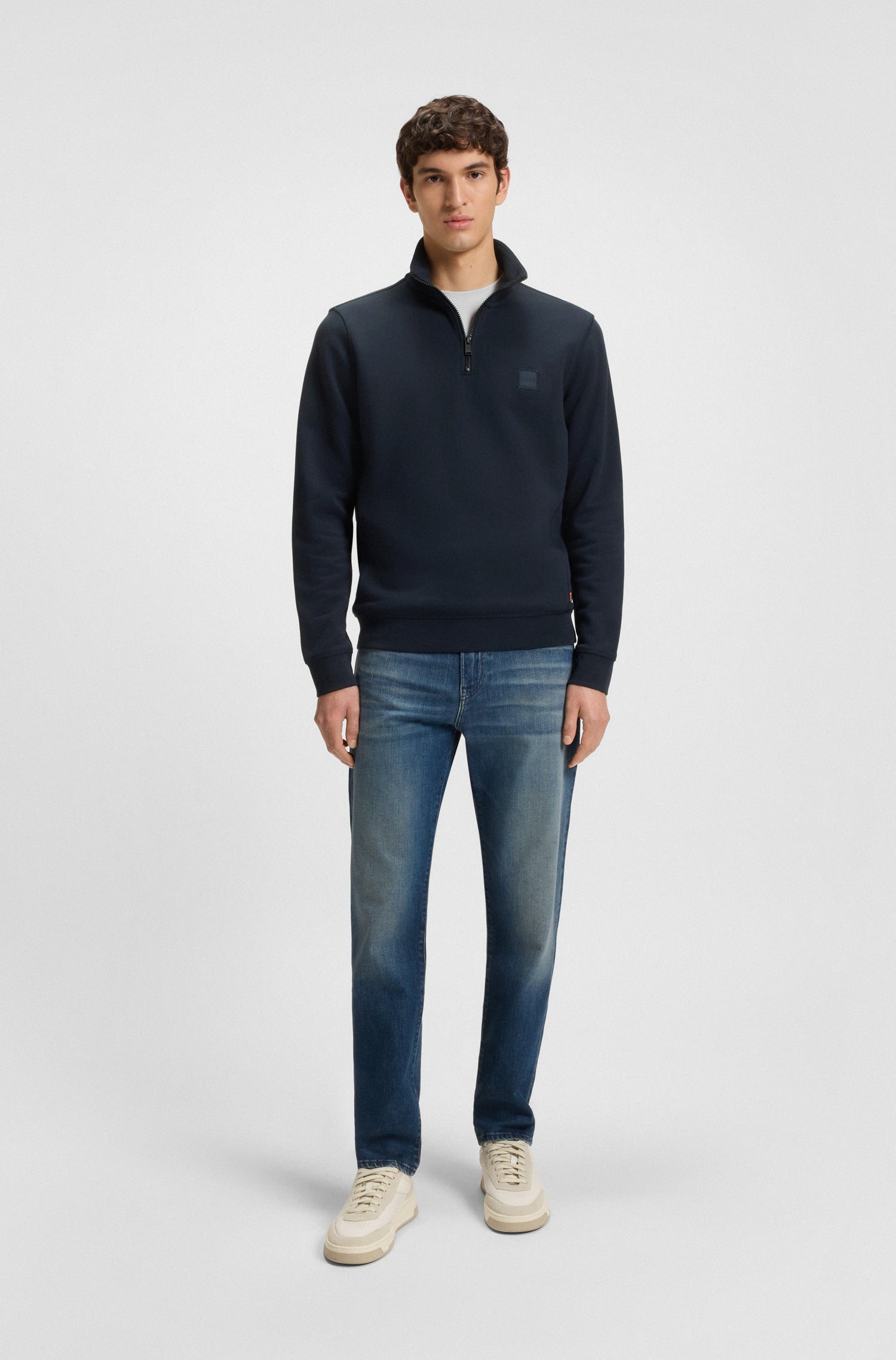BOSS Zip Neck Jersey In Cotton Terry With Logo Patch
