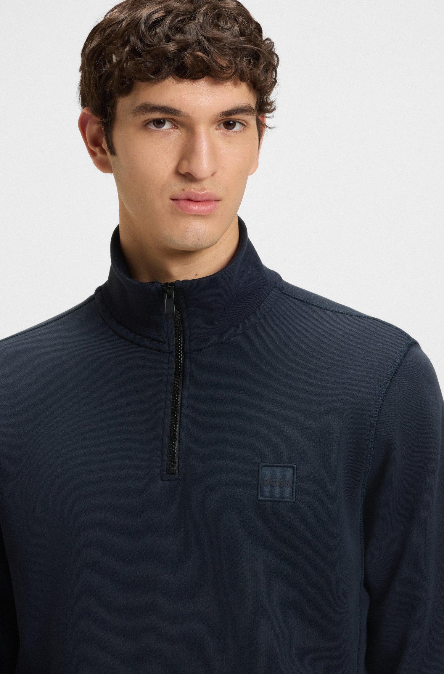 BOSS Zip Neck Jersey In Cotton Terry With Logo Patch