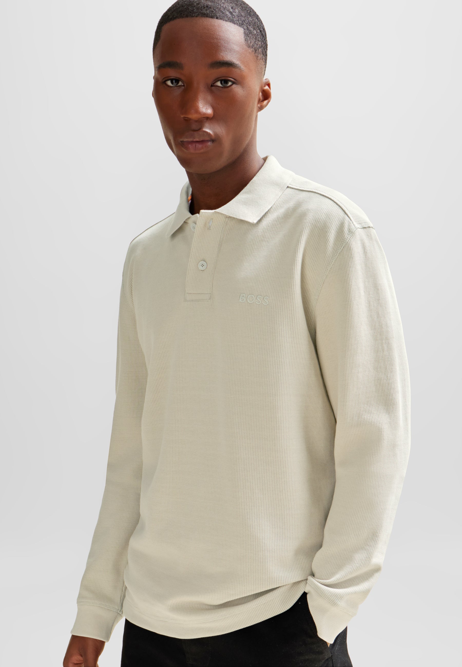 BOSS Long Sleeve Polo Waffle Cotton Stretch