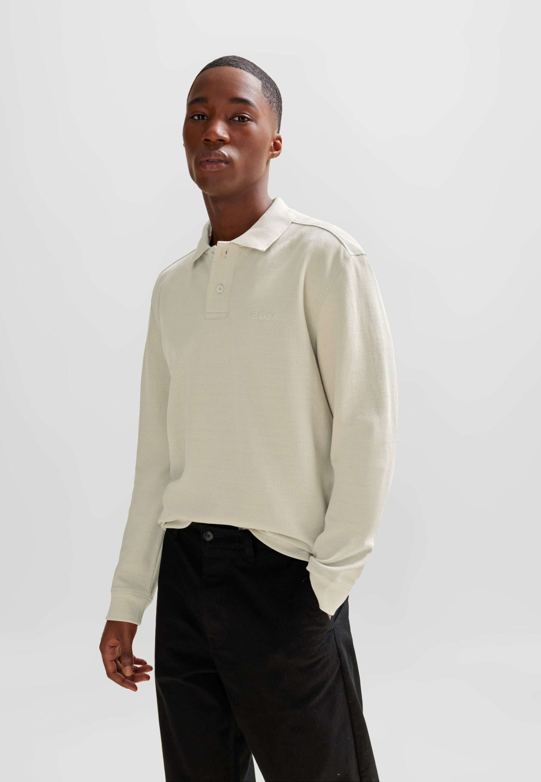 BOSS Long Sleeve Polo Waffle Cotton Stretch