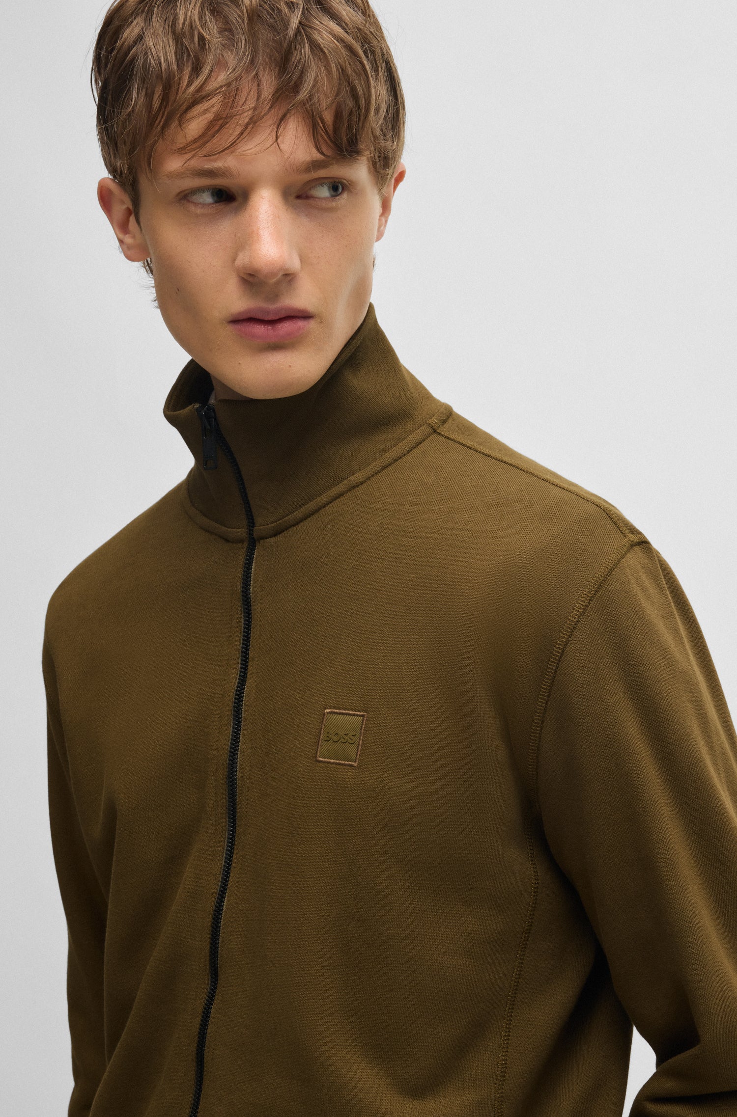 BOSS Zip Up Jersey In Cotton Terry With Logo Badge