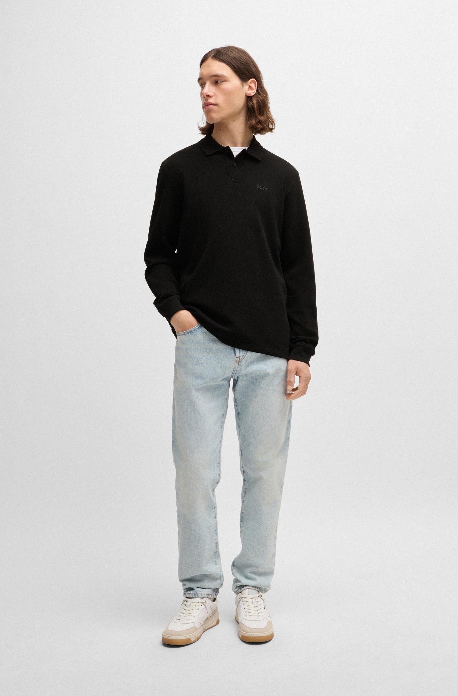 BOSS Long Sleeve Polo Waffle Cotton Stretch