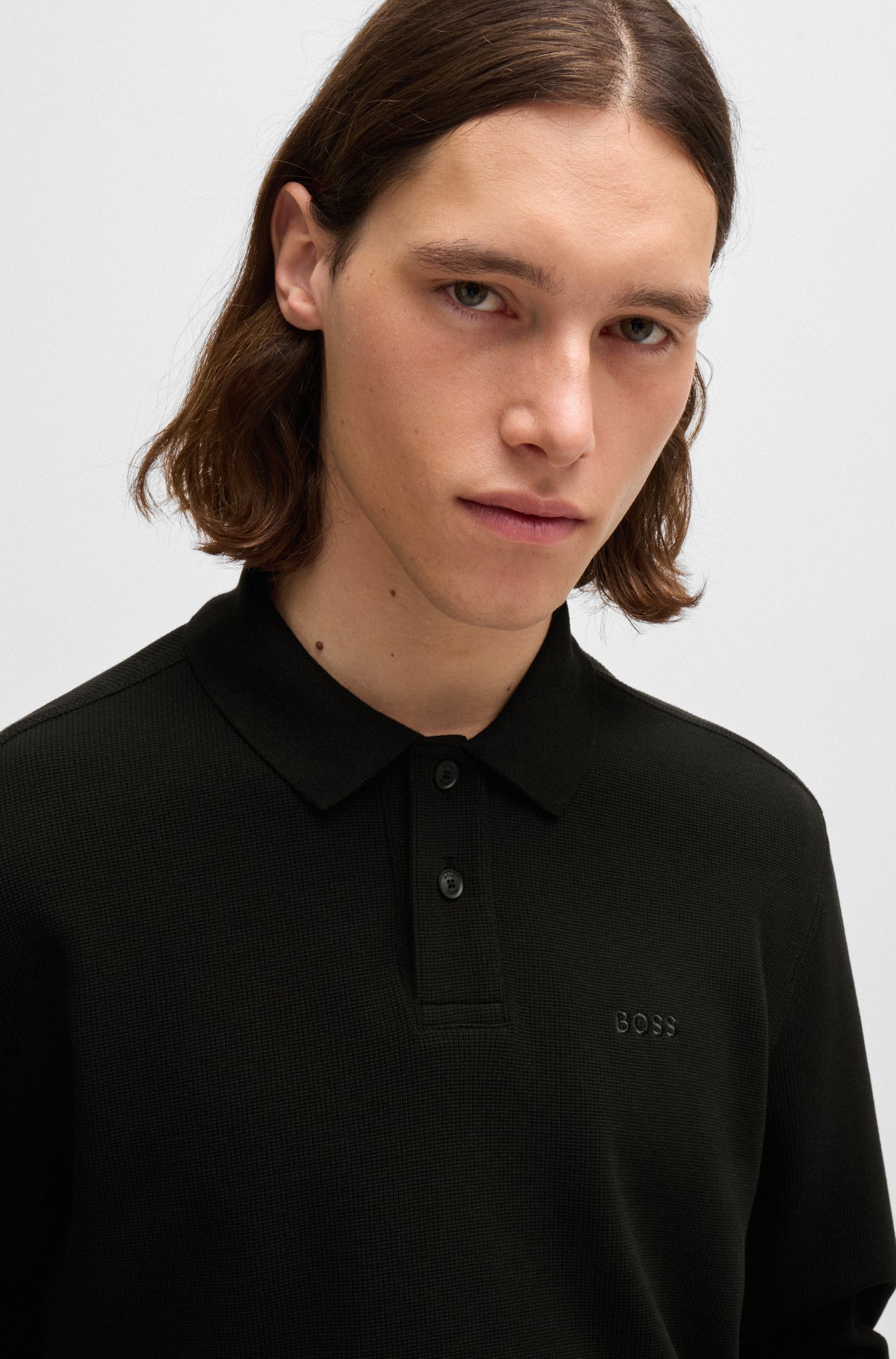 BOSS Long Sleeve Polo Waffle Cotton Stretch