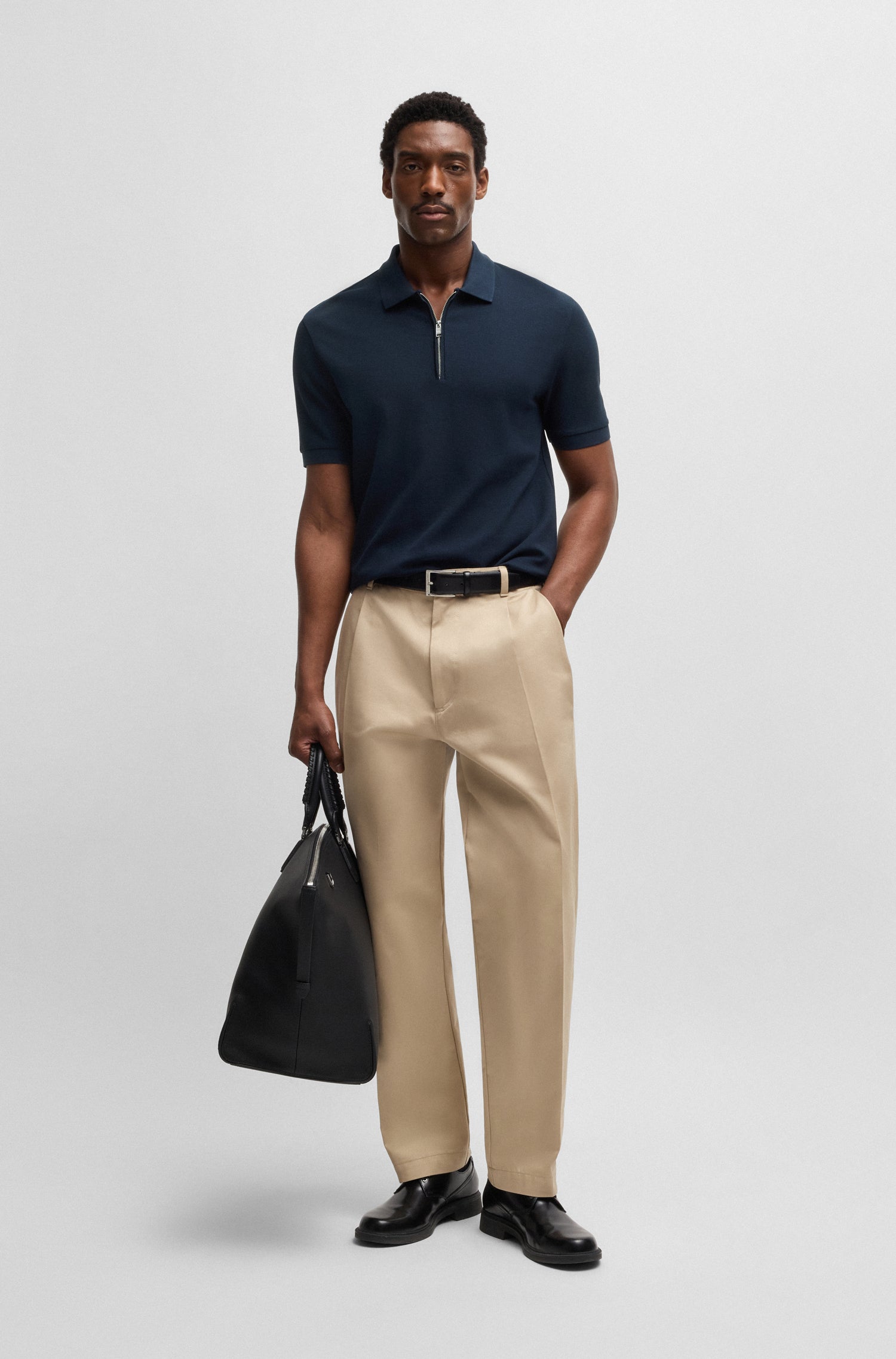 BOSS Zip Knit Polo Waffle Texture