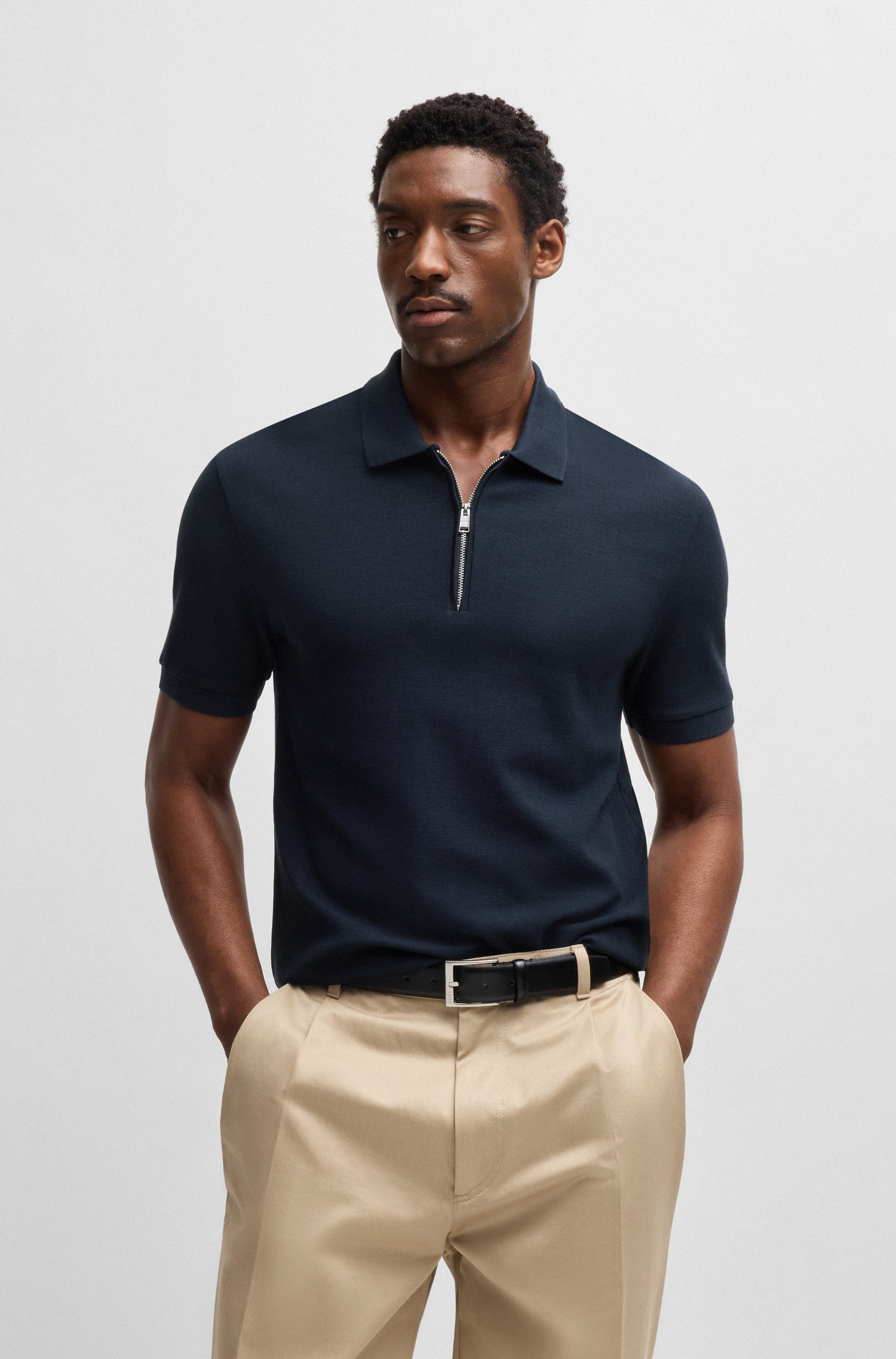 BOSS Zip Knit Polo Waffle Texture