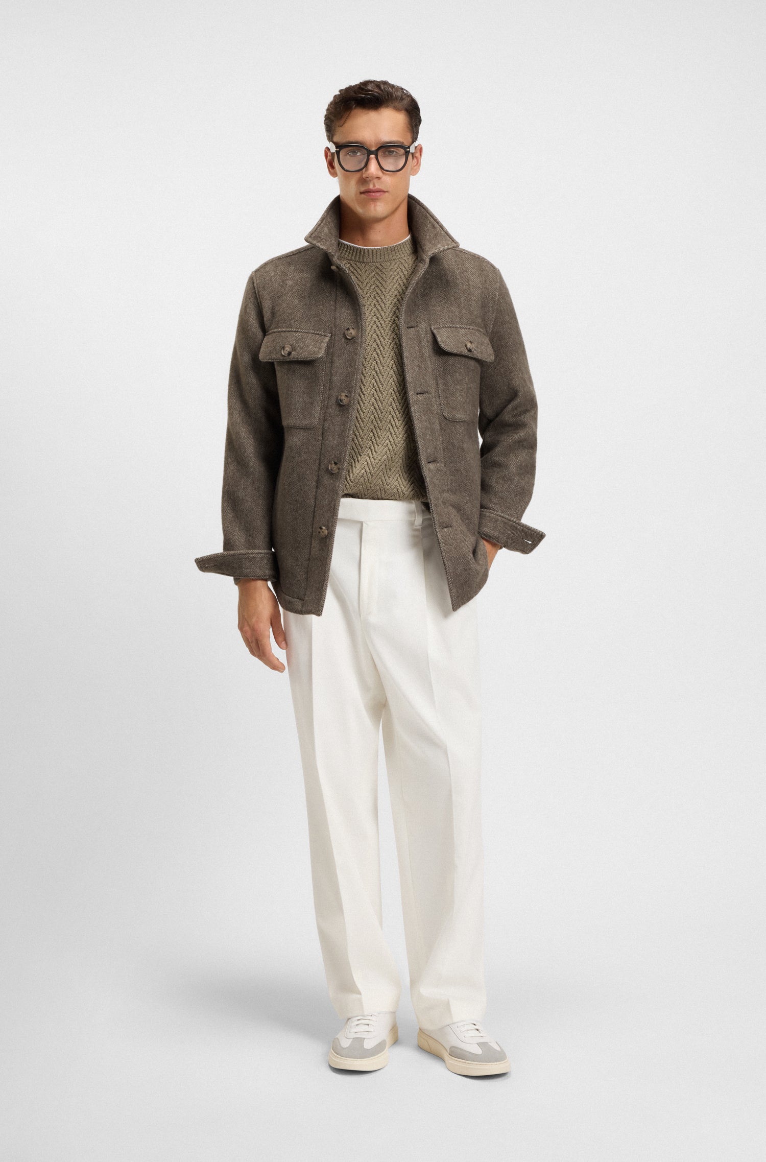 BOSS Button Front Jacket Wool Herringbone